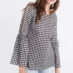 MADEWELL Gingham Lace-up Bell Sleeve Top size M